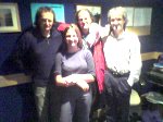 Band members at Radio Caroline. Left to right: Rob Gould, Fiona Ford, Nigel Moss and presenter Rob Leighton